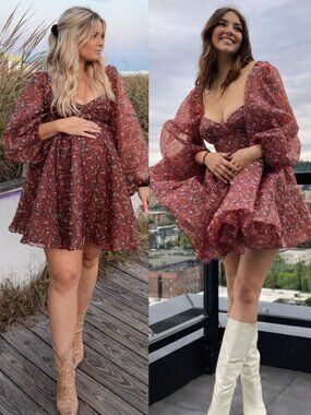 Selkie Princess Mini Dress Crimson Darling Red Floral Puff Sleeve Organza Size S